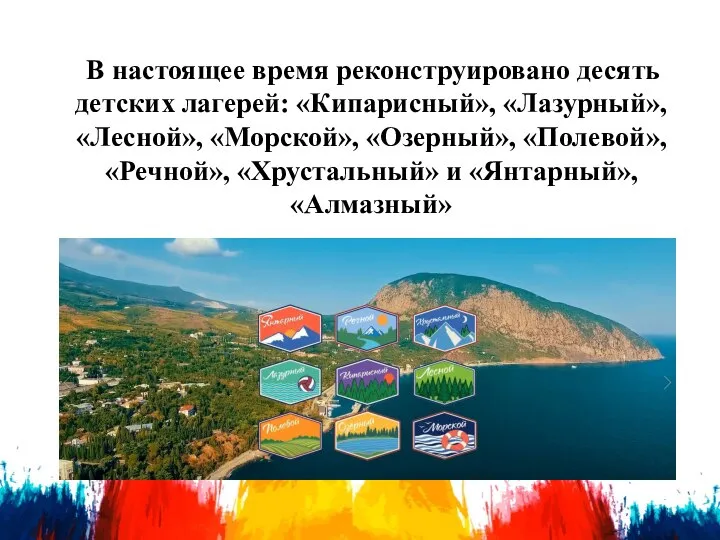 В настоящее время реконструировано десять детских лагерей: «Кипарисный», «Лазурный», «Лесной», «Морской», «Озерный»,