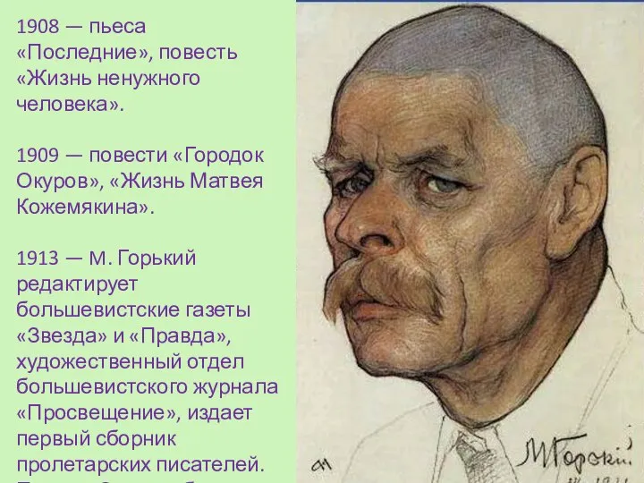 1908 — пьеса «Последние», повесть «Жизнь ненужного человека». 1909 — повести «Городок