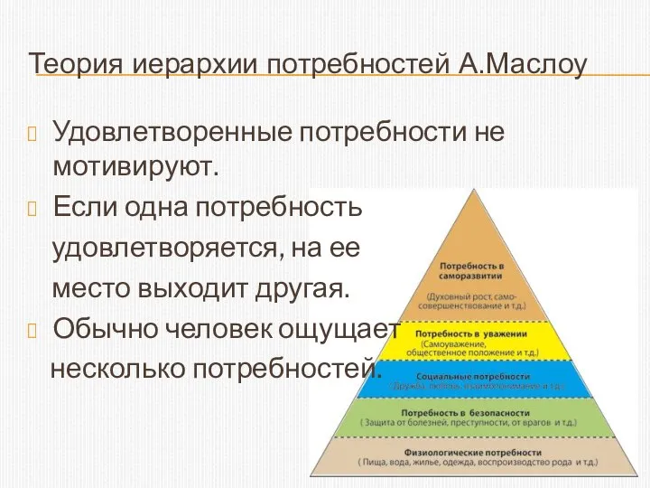 Теория иерархии потребностей А.Маслоу Удовлетворенные потребности не мотивируют. Если одна потребность удовлетворяется,