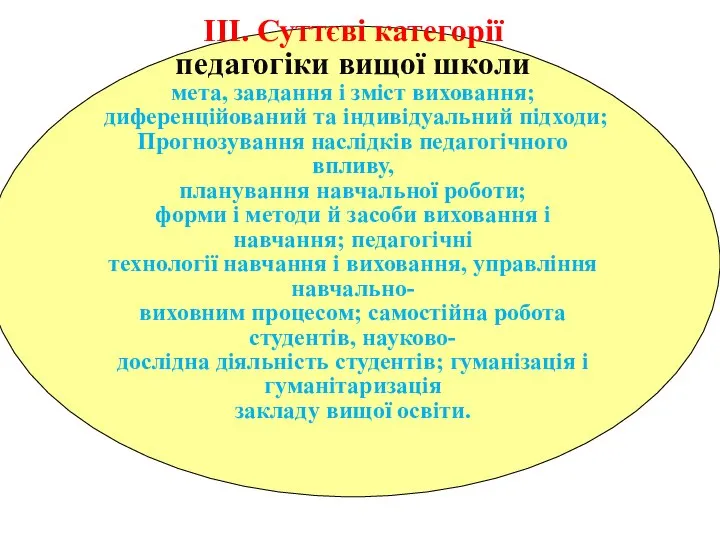 ІІІ. Суттєві категорії педагогіки вищої школи мета, завдання і зміст виховання; диференційований