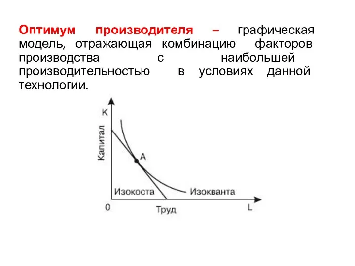 Оптимум производителя – графическая модель, отражающая комбинацию факторов производства с наибольшей производительностью в условиях данной технологии.