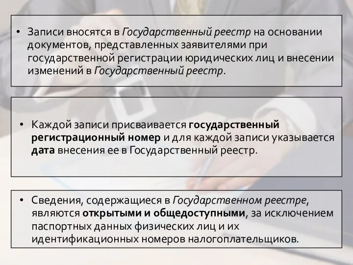 Записи вносятся в Государственный реестр на основании документов, представленных заявителями при государственной