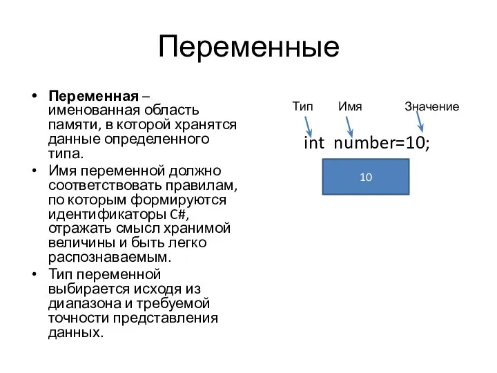 Переменные Переменная – именованная область памяти, в которой хранятся данные определенного типа.