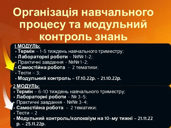 Організація навчального процесу та модульний контроль знань 2 МОДУЛЬ: Термін – 6-10