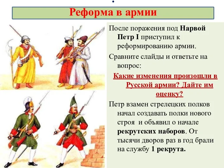 После поражения под Нарвой Петр I приступил к реформированию армии. Сравните слайды