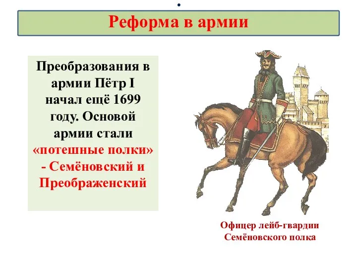 Офицер лейб-гвардии Семёновского полка Преобразования в армии Пётр I начал ещё 1699