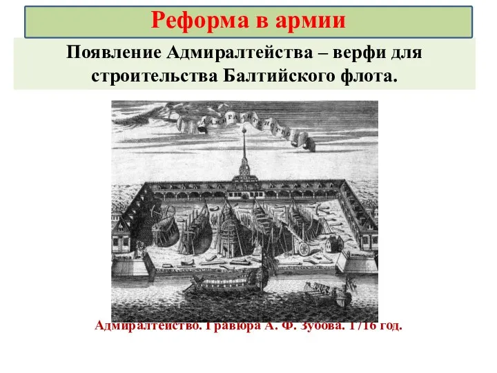 Адмиралтейство. Гравюра А. Ф. Зубова. 1716 год. Появление Адмиралтейства – верфи для