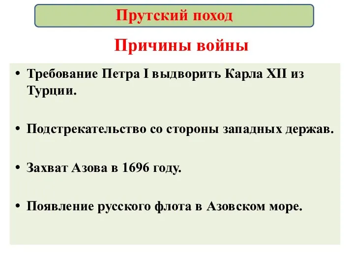 Причины войны Требование Петра I выдворить Карла XII из Турции. Подстрекательство со