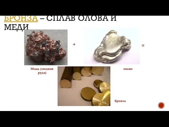 БРОНЗА – СПЛАВ ОЛОВА И МЕДИ + = Медь (медная руда) олово бронза