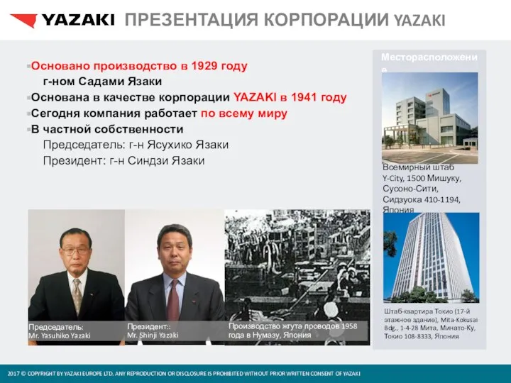 ПРЕЗЕНТАЦИЯ КОРПОРАЦИИ YAZAKI Основано производство в 1929 году г-ном Садами Язаки Основана