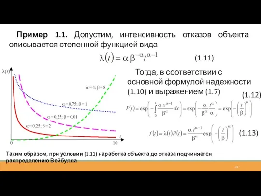 Пример 1.1. Допустим, интенсивность отказов объекта описывается степенной функцией вида (1.11) Тогда,