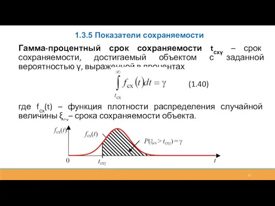 1.3.5 Показатели сохраняемости Гамма-процентный срок сохраняемости tсхγ – срок сохраняемости, достигаемый объектом