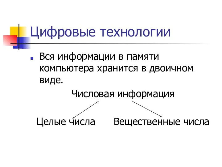 Цифровые технологии Вся информации в памяти компьютера хранится в двоичном виде. Числовая