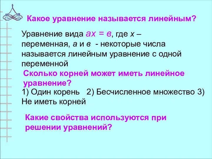 Какое уравнение называется линейным? Уравнение вида ах = в, где х –