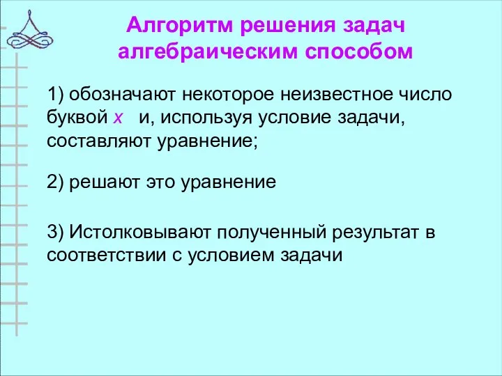 Алгоритм решения задач алгебраическим способом 1) обозначают некоторое неизвестное число буквой х