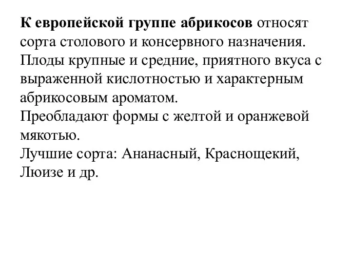 К европейской группе абрикосов относят сорта столового и консервного назначения. Плоды крупные