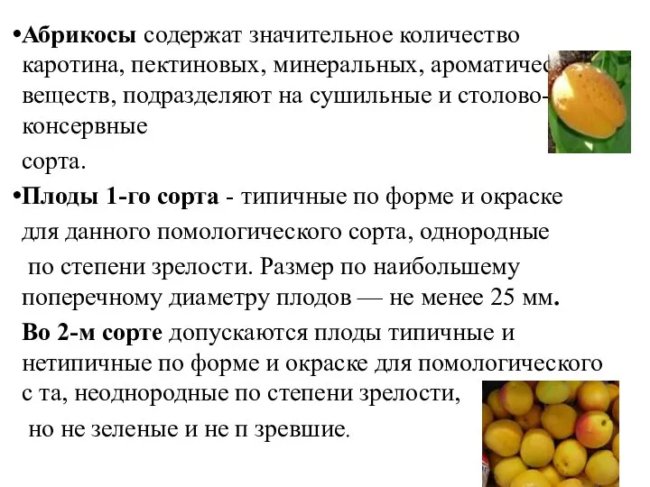 Абрикосы содержат значительное количество каротина, пектиновых, минеральных, ароматических веществ, подразделяют на сушильные