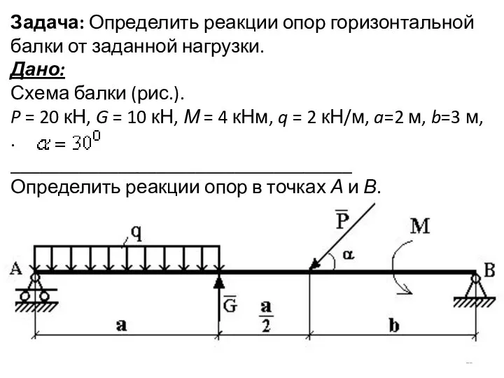 Задача: Определить реакции опор горизонтальной балки от заданной нагрузки. Дано: Схема балки