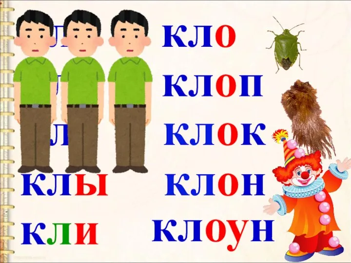 кла кло клу клы кли кло клоп клок клоун клон