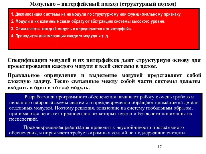 Модульно – интерфейсный подход (структурный подход) 1. Декомпозиция системы на на модули