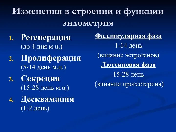 Изменения в строении и функции эндометрия Регенерация (до 4 дня м.ц.) Пролиферация