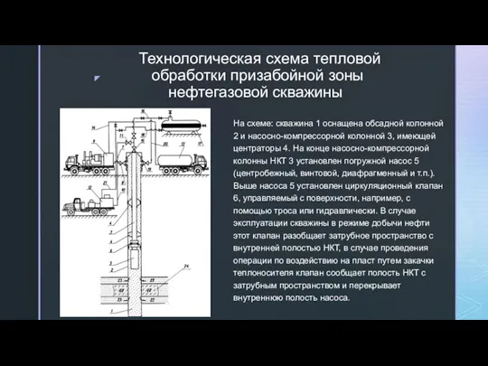 Технологическая схема тепловой обработки призабойной зоны нефтегазовой скважины. На схеме: скважина 1