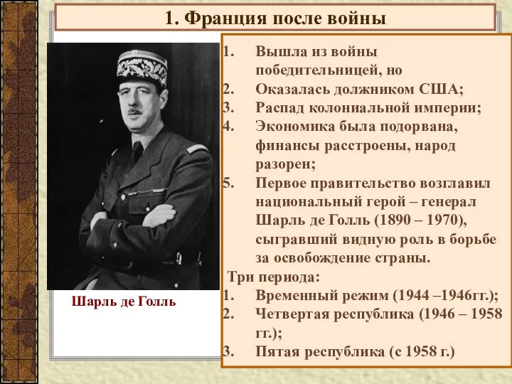 1. Франция после войны Вышла из войны победительницей, но Оказалась должником США;