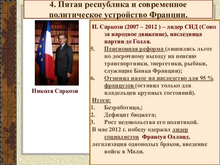 4. Пятая республика и современное политическое устройство Франции. Н. Саркози (2007 –