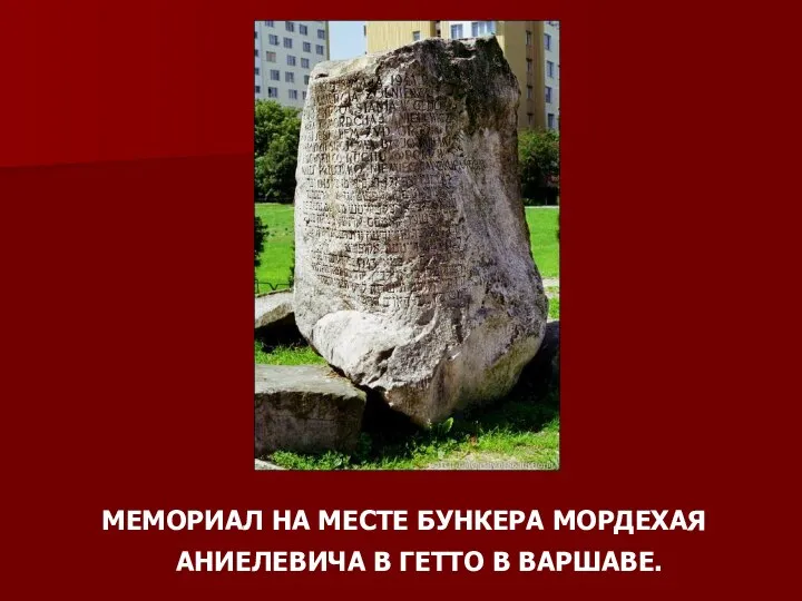 МЕМОРИАЛ НА МЕСТЕ БУНКЕРА МОРДЕХАЯ АНИЕЛЕВИЧА В ГЕТТО В ВАРШАВЕ.