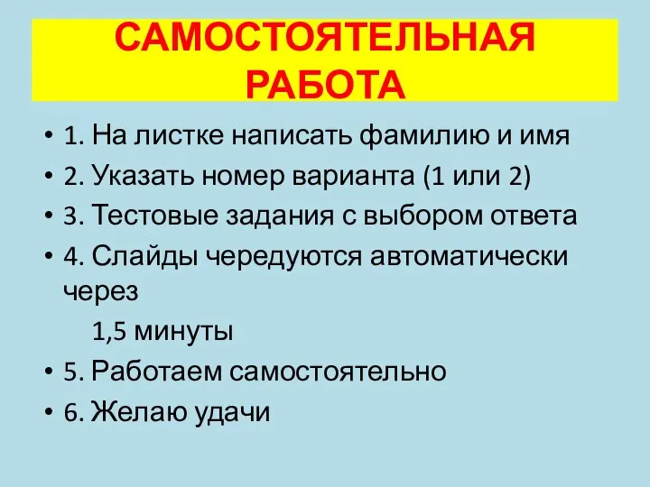 САМОСТОЯТЕЛЬНАЯ РАБОТА 1. На листке написать фамилию и имя 2. Указать номер