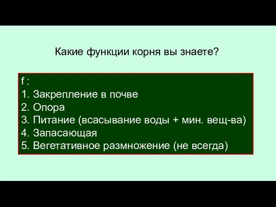 Какие функции корня вы знаете? f : 1. Закрепление в почве 2.