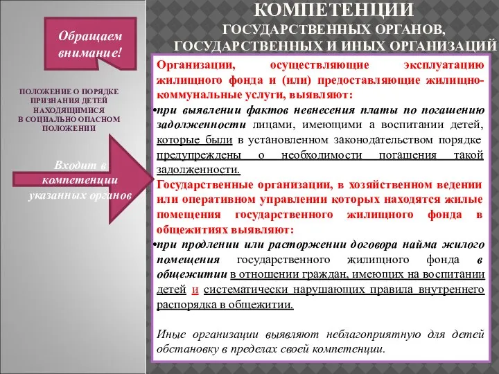 ПОЛОЖЕНИЕ О ПОРЯДКЕ ПРИЗНАНИЯ ДЕТЕЙ НАХОДЯЩИМИСЯ В СОЦИАЛЬНО ОПАСНОМ ПОЛОЖЕНИИ КОМПЕТЕНЦИИ ГОСУДАРСТВЕННЫХ