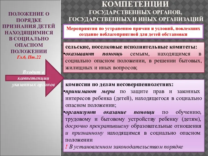 ПОЛОЖЕНИЕ О ПОРЯДКЕ ПРИЗНАНИЯ ДЕТЕЙ НАХОДЯЩИМИСЯ В СОЦИАЛЬНО ОПАСНОМ ПОЛОЖЕНИИ Гл.6, Пт.22