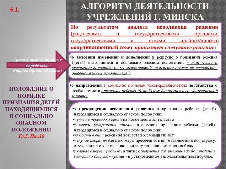 ПОЛОЖЕНИЕ О ПОРЯДКЕ ПРИЗНАНИЯ ДЕТЕЙ НАХОДЯЩИМИСЯ В СОЦИАЛЬНО ОПАСНОМ ПОЛОЖЕНИИ Гл.5, Пт.18