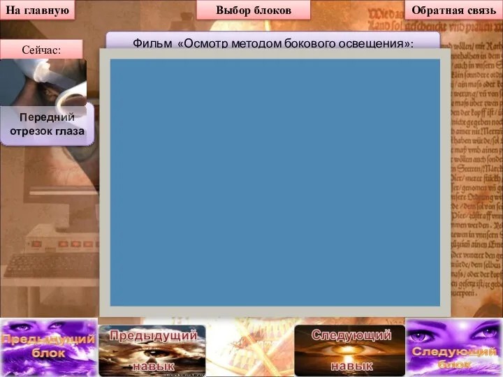 На главную Выбор блоков Фильм «Осмотр методом бокового освещения»: Передний отрезок глаза Сейчас: Обратная связь