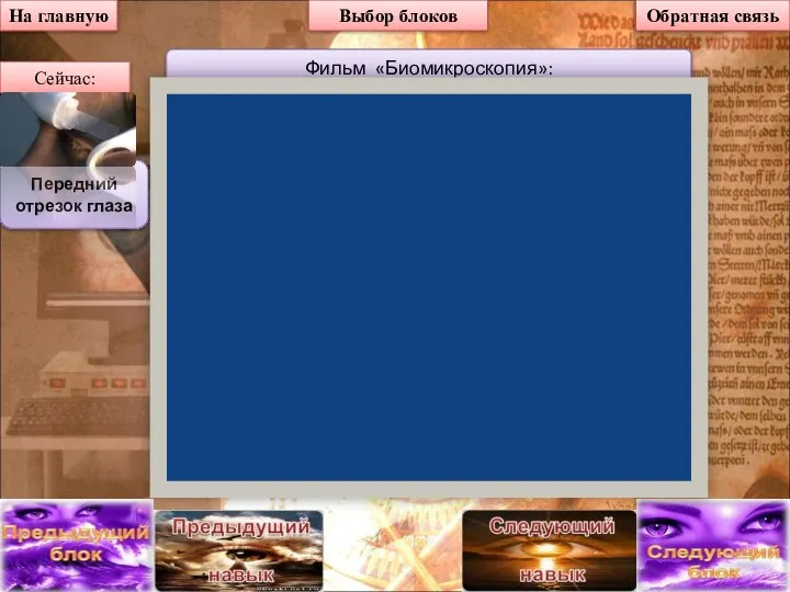 На главную Выбор блоков Фильм «Биомикроскопия»: Передний отрезок глаза Сейчас: Обратная связь