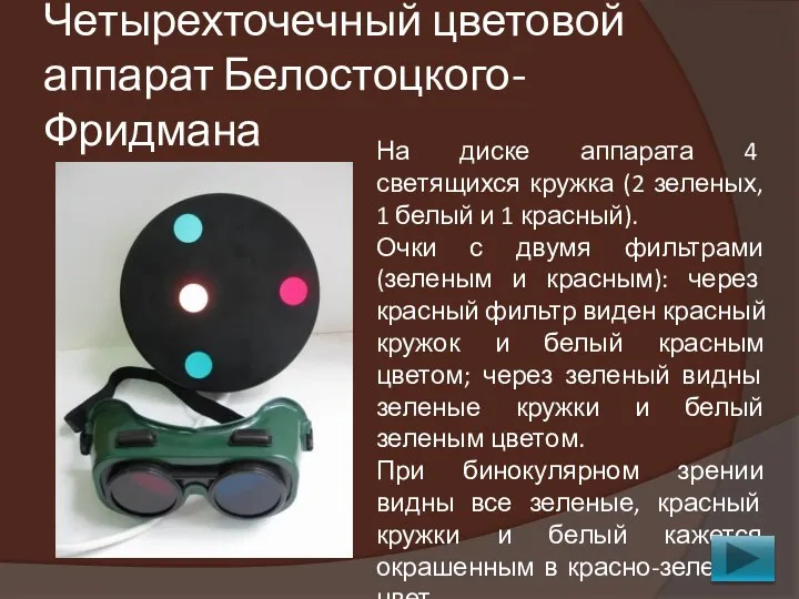 Четырехточечный цветовой аппарат Белостоцкого-Фридмана На диске аппарата 4 светящихся кружка (2 зеленых,
