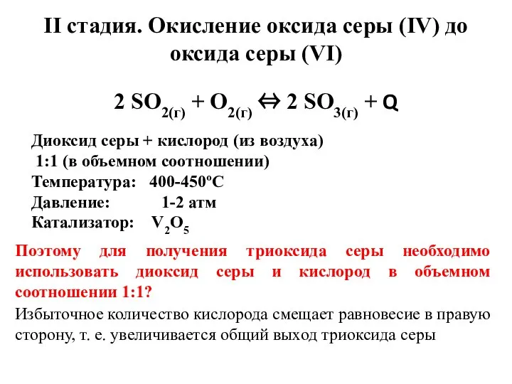 II стадия. Окисление оксида серы (IV) до оксида серы (VI) Диоксид серы