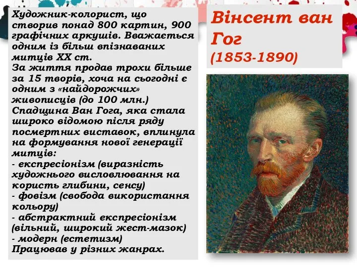 Вінсент ван Гог (1853-1890) Художник-колорист, що створив понад 800 картин, 900 графічних