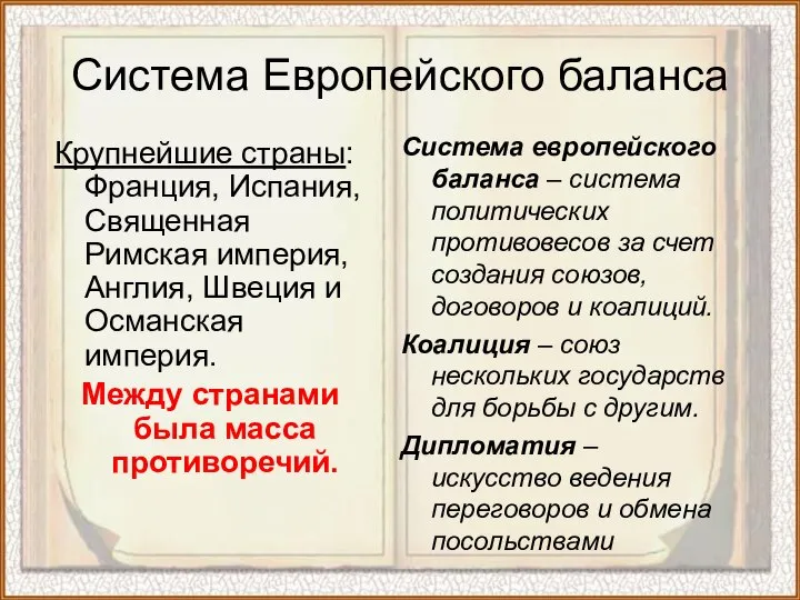 Система Европейского баланса Крупнейшие страны: Франция, Испания, Священная Римская империя, Англия, Швеция