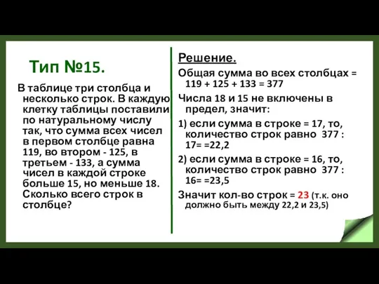 Тип №15. В таблице три столбца и несколько строк. В каждую клетку