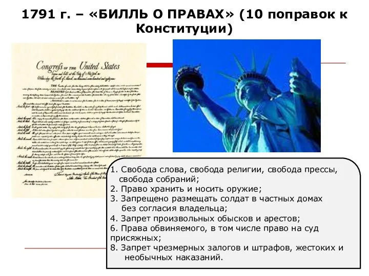 1791 г. – «БИЛЛЬ О ПРАВАХ» (10 поправок к Конституции) 1. Свобода