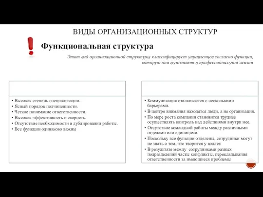 ВИДЫ ОРГАНИЗАЦИОННЫХ СТРУКТУР Функциональная структура Этот вид организационной структуры классифицирует управленцев согласно