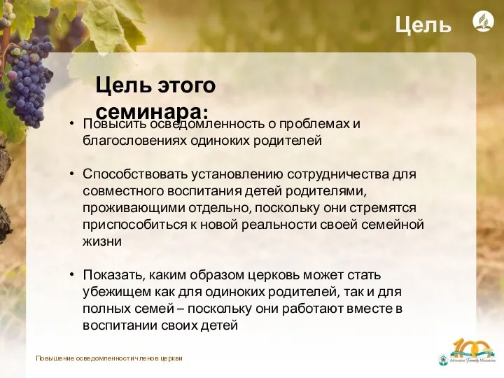 Повышение осведомленности членов церкви Цель Повысить осведомленность о проблемах и благословениях одиноких