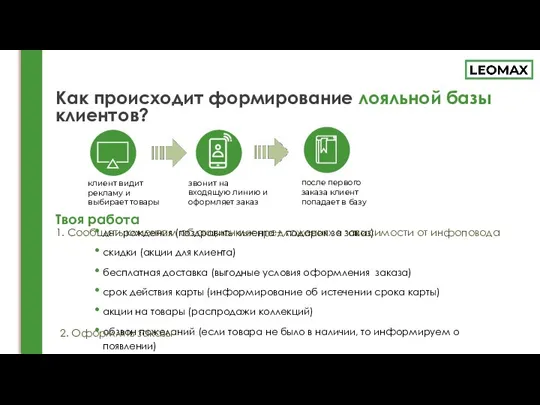 Как происходит формирование лояльной базы клиентов? дни рождения (поздравить клиента + подарок