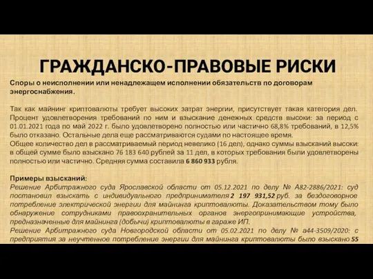 ГРАЖДАНСКО-ПРАВОВЫЕ РИСКИ Споры о неисполнении или ненадлежащем исполнении обязательств по договорам энергоснабжения.