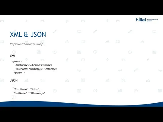XML & JSON Удобочитаемость кода. XML Subbu Allamaraju JSON ({ "firstName" :
