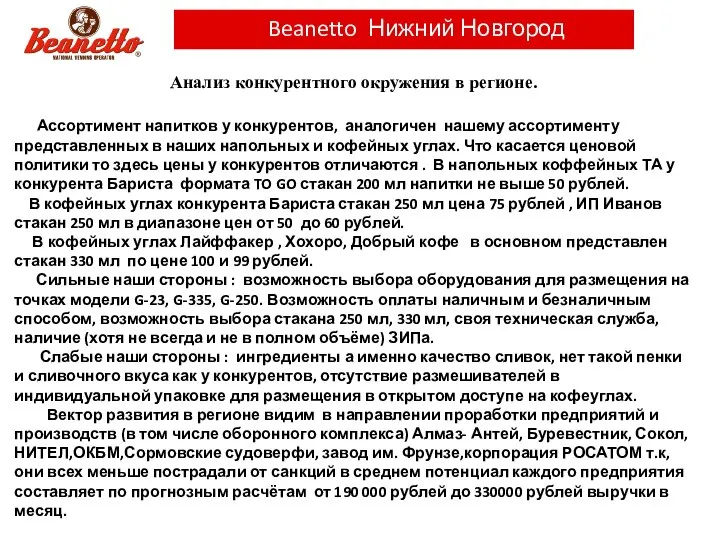 Структура рынка вендинга в регионе Beanetto Нижний Новгород Анализ конкурентного окружения в