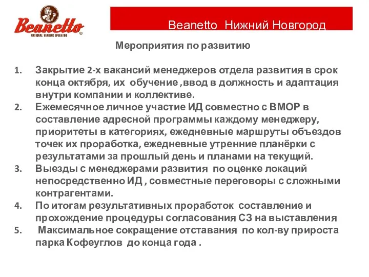 Beanetto Нижний Новгород Мероприятия по развитию Закрытие 2-х вакансий менеджеров отдела развития