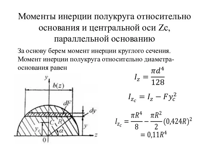 Моменты инерции полукруга относительно основания и центральной оси Zc, параллельной основанию За